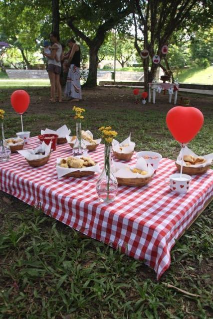 Festa no parque: decoração aniversário de namoro flores e balões vermelhos
