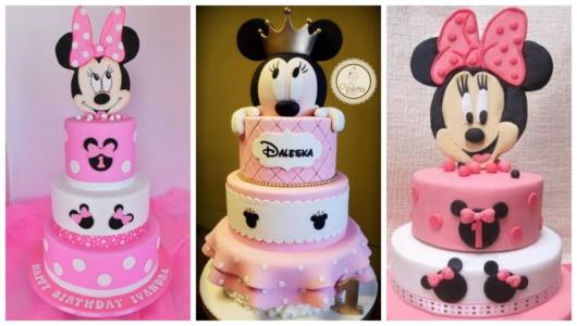 Montagem com três modelos de bolo fake da Minnie.