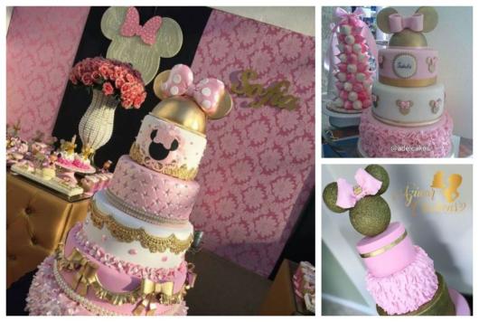 Bolos da Minnie com as cores rosa, branco e dourado.