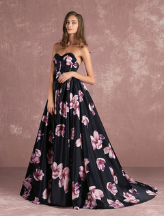 vestido de festa estampado longo de cetim