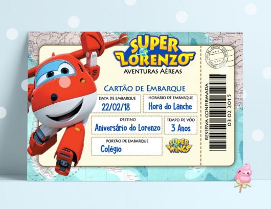 Convite super wings como cartão de embarque.