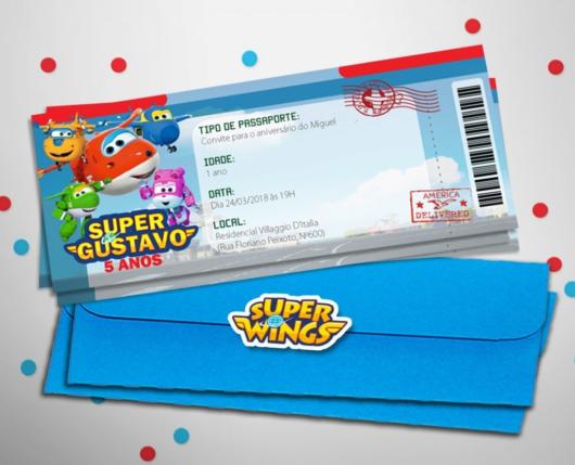 Convite super wings como cartão de embarque.