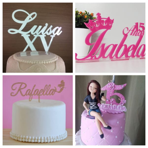 Montagem de topo de bolo de 15 anos com nome