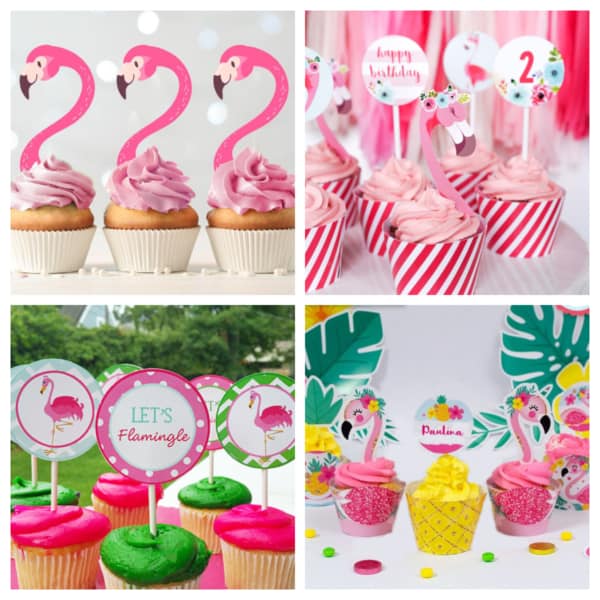 Montagem de cupcake de flamingos com plaquinhas