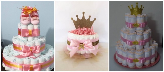 bolo de fraldas rosa e dourado