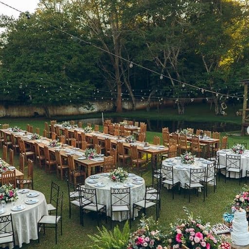 Espaço para casamento no campo com dois tipos de mesas decoradas