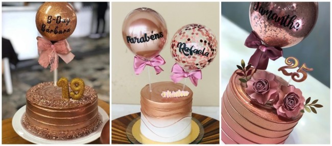 bolo rose gold com bexigas no topo