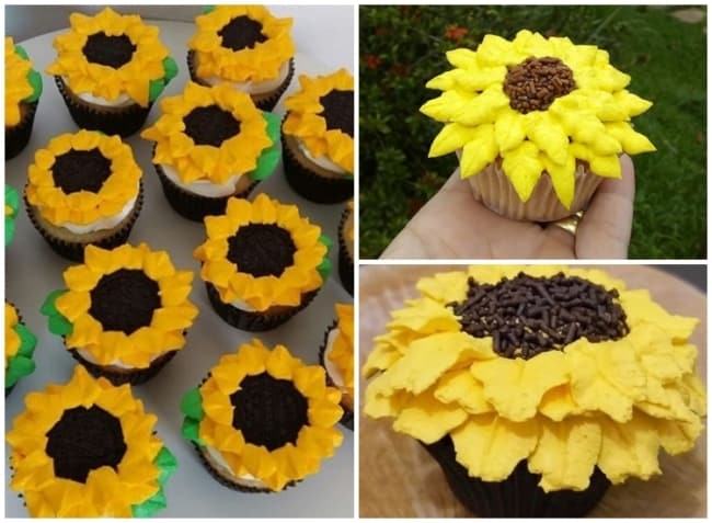 cupcake de girassol decorado com chantilly