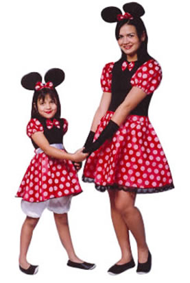 fantasia da Minnie para mãe e filha de vestido vermelho de bolinhas brancas