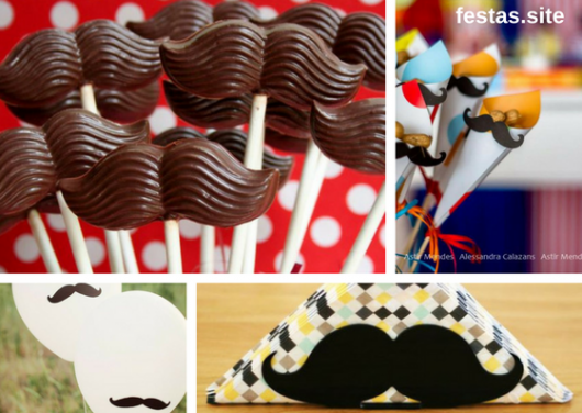 seleção de fotos com doces e objetos decorativos em forma de bigode