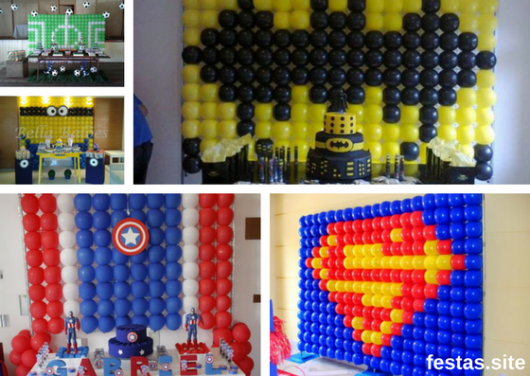 seleção de fotos de parede de balões com desenhos de super-heróis 