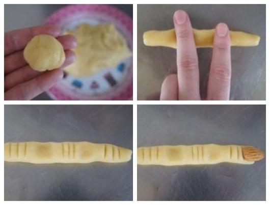 Montagem explicando como fazer um biscoito de dedo de bruxa.