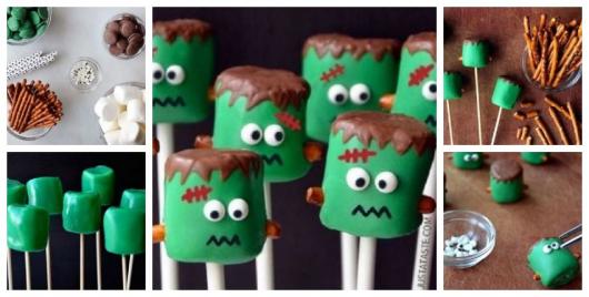 Montagem explicando como fazer um Frankenstein de marshmallow.