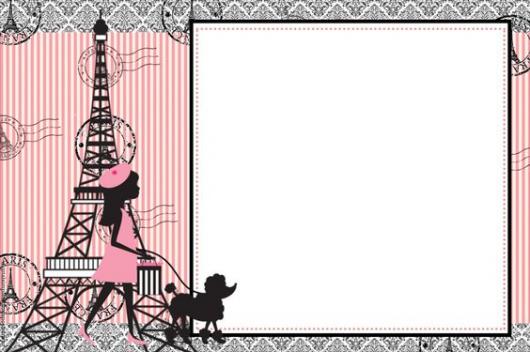 Convite com Torre Eiffel e mulher passeando com cachorro do lado esquerdo e quadro branco na direita.