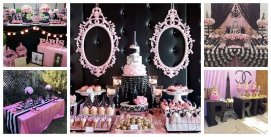 Montagem com ideias de decoração com preto e rosa para mesa de bolo.