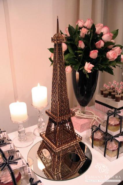 Torre Eiffel decorando mesa, com rosas, velas, cupcakes e brigadeiros no copo.