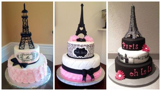 Montagem com bolos com a Torre Eiffel no topo e camadas nas cores branca, rosa e preta. 