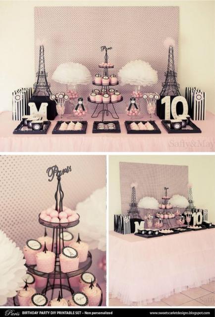 Festa Paris com tons de rosa claro e detalhes em preto e branco.