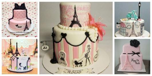Montagem com diferentes estilos de bolo para Festa Paris.