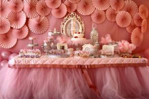 Decoração em rosa com mesa com saia de tule 