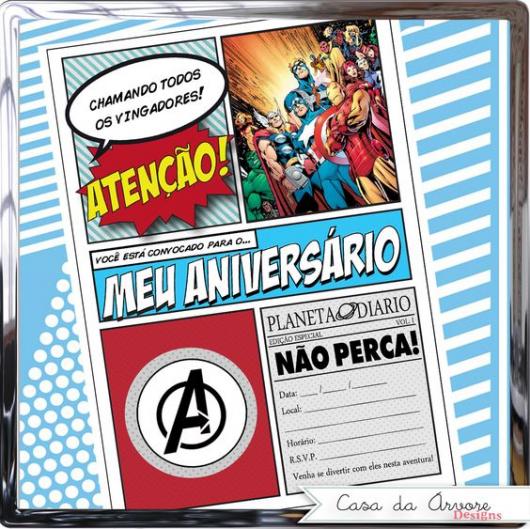 Convite de aniversário em formato de revista em quadrinhos.