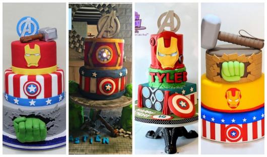 Montagem com quatro bolos diferentes com camadas dos Vingadores.