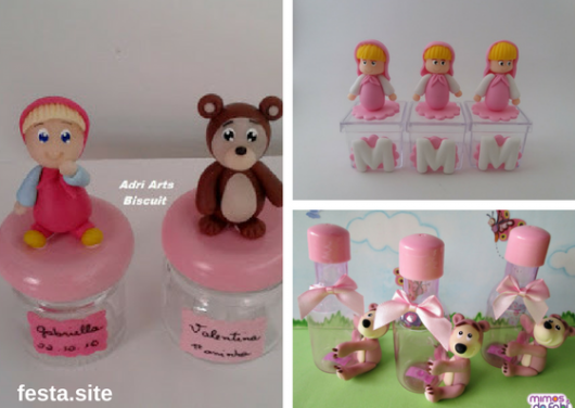 caixinhas com miniaturas de Masha e o Urso de biscuit