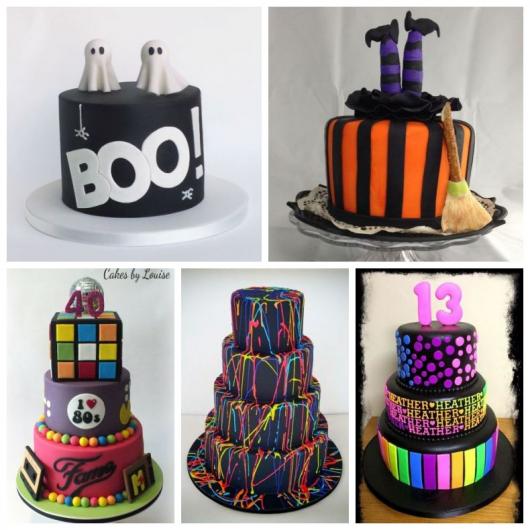 Montagem com dois bolos para festa Halloween, bolos coloridos e para festa dos anos 80.