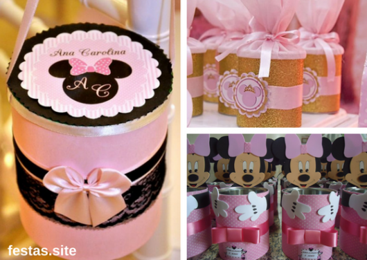 lembrancinhas da Minnie rosa feita de latas de leite