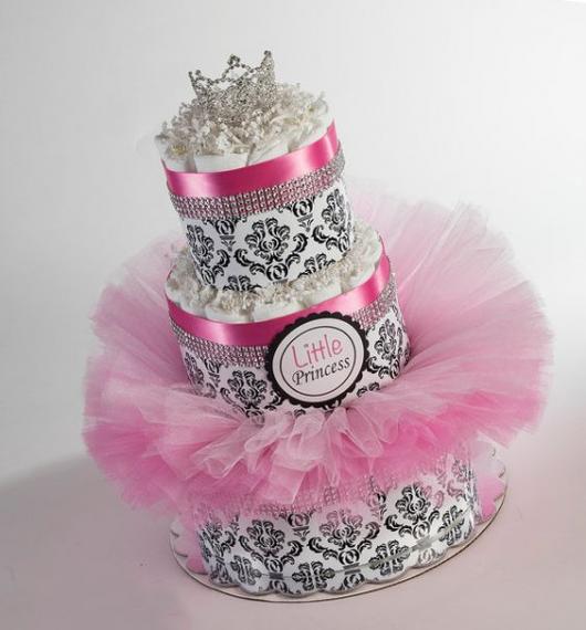 bolo fake feminino com tule rosa, coroa de princesa e strass