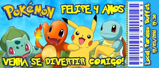 Convites-Pokémon ingresso com Pikachu e outros pokémons