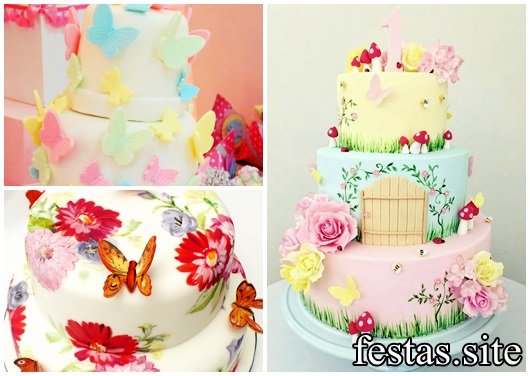 Bolo fake tema Jardim das borboletas  Modelos de bolos de aniversário,  Bolos de aniversário, Bolo