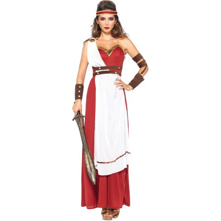 Fantasia Grega feminina longa branca e vermelha com espada