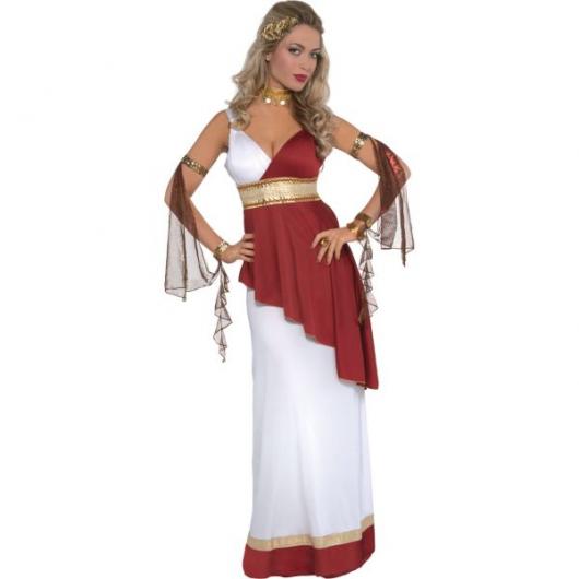 Fantasia Grega feminina branca e vermelha longa com espada e acessórios dourados