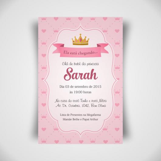 Convites de Chá de Bebê  cartão princesa com detalhe de coroa