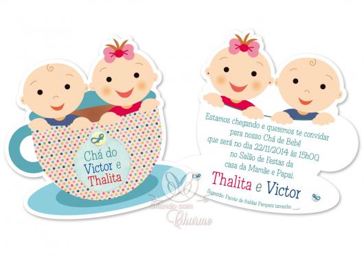 Convites de Chá de Bebê modelo gêmeos na xícara de chá