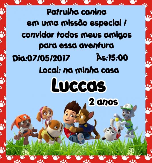 Convites Patrulha Canina cartão com borda vermelha estampada com patinhas