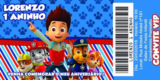 Convites Patrulha Canina ingresso com fundo azul