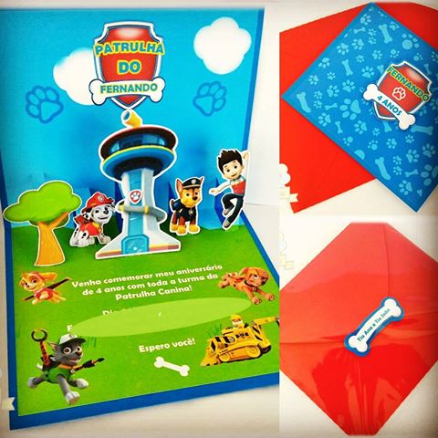 Convites Patrulha Canina pop up com envelope vermelho