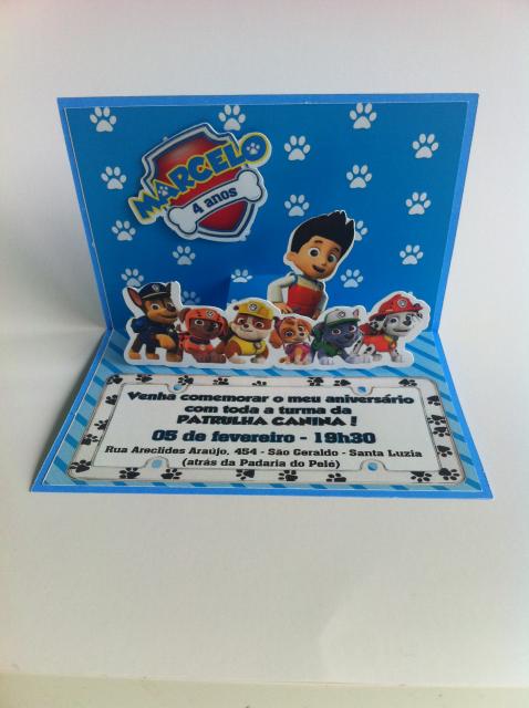 Convites Patrulha Canina pop up azul com aplique 3D