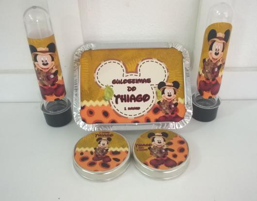 Lembrancinhas do Mickey safari personalizados marmita, tubete e latinha