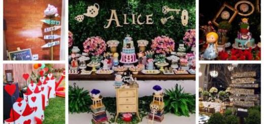 Montagem com cinco fotos de festa Alice no País das Maravilhas.