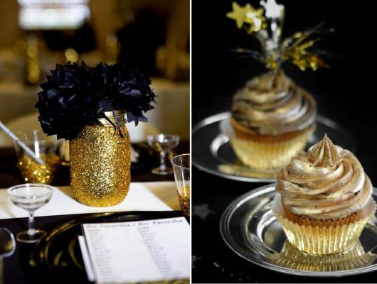 Decoração de 15 anos Preto e Dourado com cupcake com cobertura dourada 