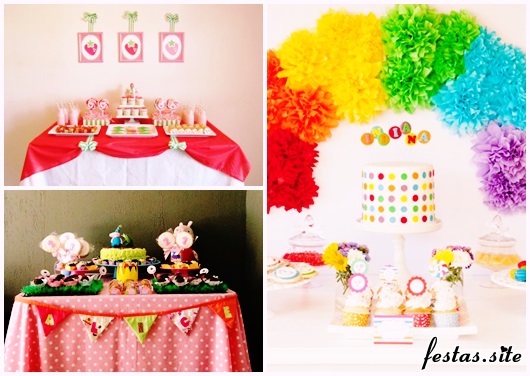 Decoração Simples de Aniversário modelos infantis Peppa Pig, arco-íris e moranguinho