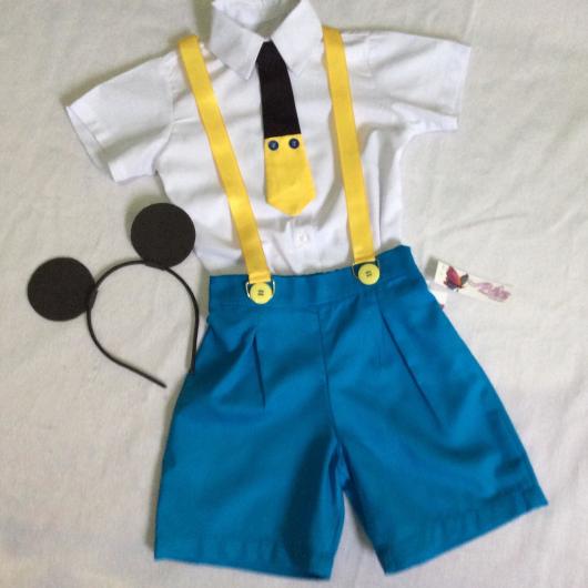 Fantasia do Mickey Baby bermuda azul com suspensório amarelo