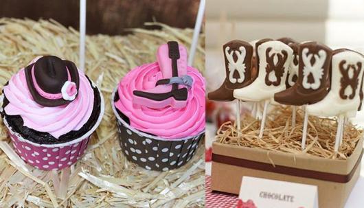 Lembrancinha Festa Country com cupcake personalizado e pirulito de chocolate em formato de bota