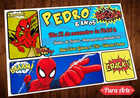 Convite da Festa Homem-Aranha no estilo de história em quadrinhos
