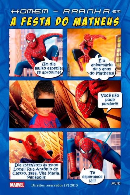 Convite da Festa Homem-Aranha no estilo de história em quadrinhos