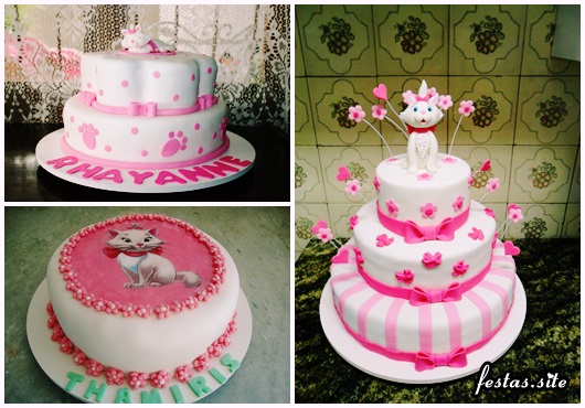 Decoração da Gatinha Marie modelos de bolo decorado com pasta rosa e branca