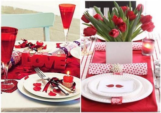 Decoração Dia dos Namorados no jantar com louça vermelha e branca